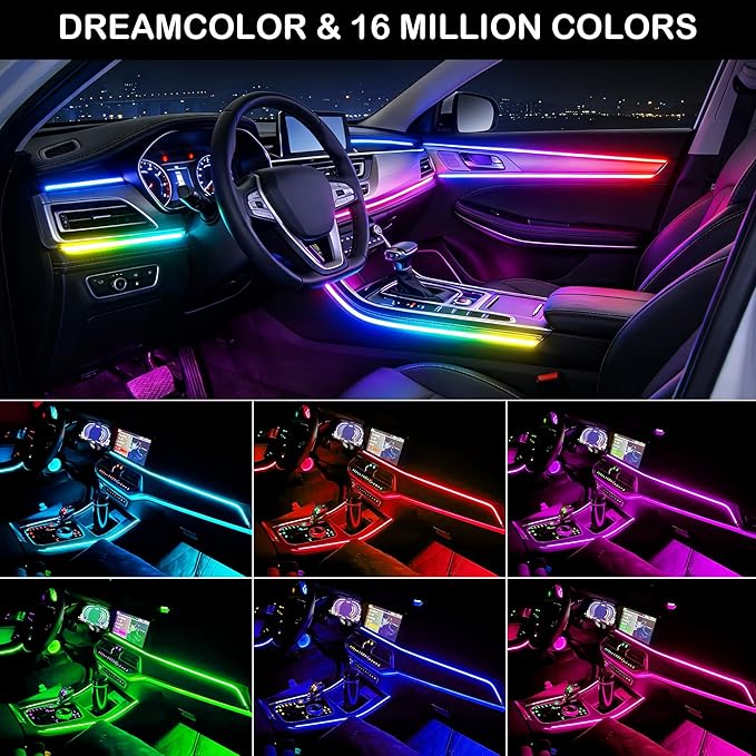 Interior Car LED Strip Lights, RGB 6 in 1 Dynamic Dreamcolor Chasing Acrylic LED Lights for Car, USB Powered Ambient Lighting Kits with Wireless APP, Sound Active Function Car Neon Lights (6 in 1)