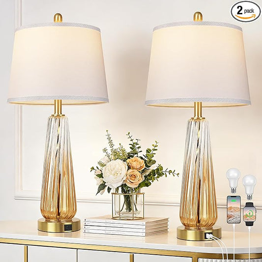 Glass Table Lamps Set of 2, Modern Bedside Lamps for Bedrooms with 3-Way Dimmable Touch Control Nightstand Lamp with White Lampshade USB A+C Ports, 27.5" Large Lamps for Living Room Decor, Champagne
