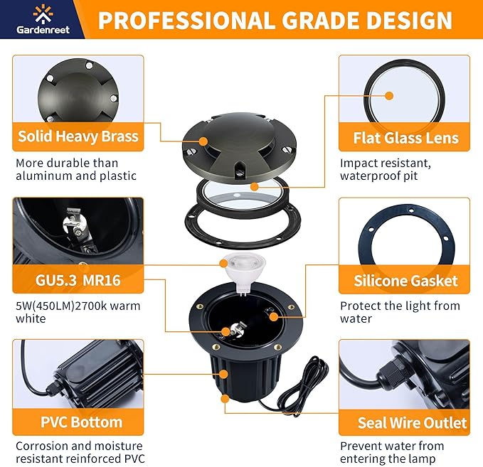 Gardenreet Brass Waterproof In Ground Well Light Kit(4 Pack) with 75W Low Voltage Transformer & MR16 Bulb & 100Feet Wire & Connectors, 12V LED Landscape Lighting for Outdoor Walkway Path(2 Way Turret)
