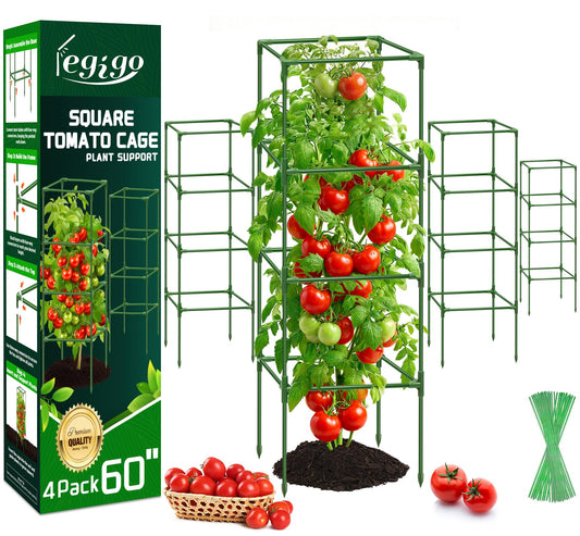 Legigo 4 Pack Square Tomato Cages- 60 Inch Heavy Duty Tomato Trellis for Climbing Plants Outdoor, Tomato Plant Support Stakes Cage Garden Trellis for Garden Raised Garden Bed Cucumbers Vegetables
