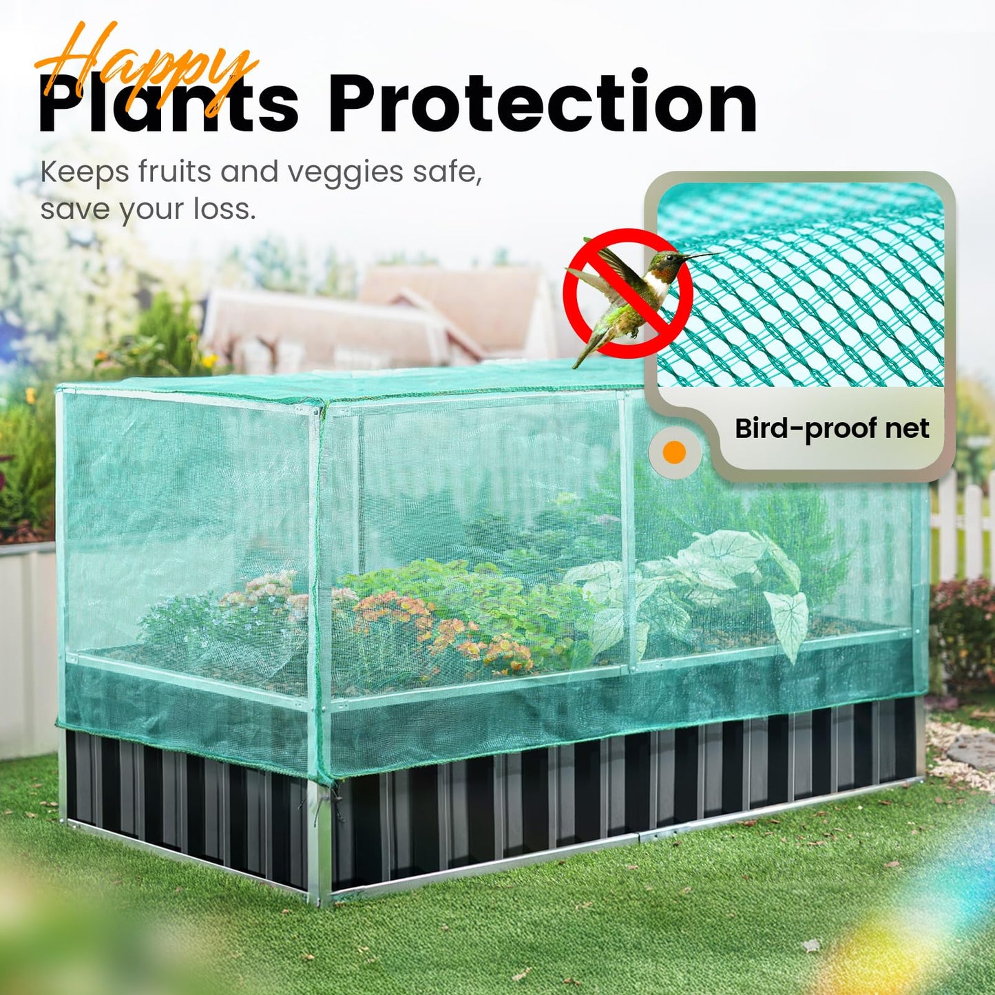 KING BIRD 68" x 36" x 34.6" Raised Garden Bed with Garden Anti-Bird Protection Netting Structure Galvanized Steel Metal Planter Kit Box with 2 Pairs of Gloves Dark Grey