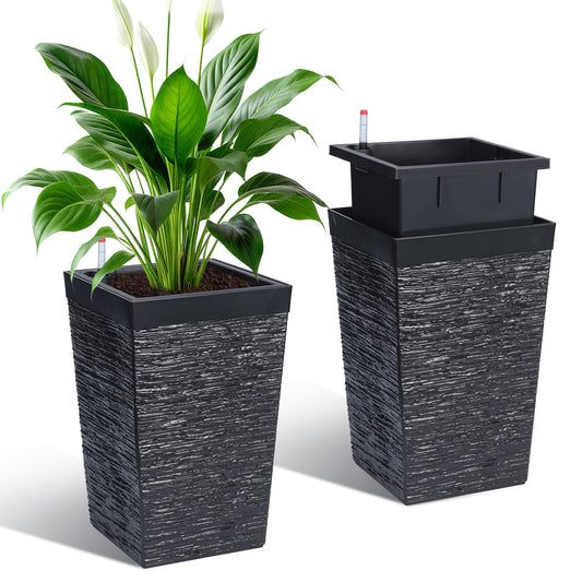 Garvee 16" Tall Planters Set of 2, Self Watering Tall Planters, Outdoor＆Indoor Planter Pots, High Front Porch Planters Pots with Drainage Holes＆Water Level Monitor, Black