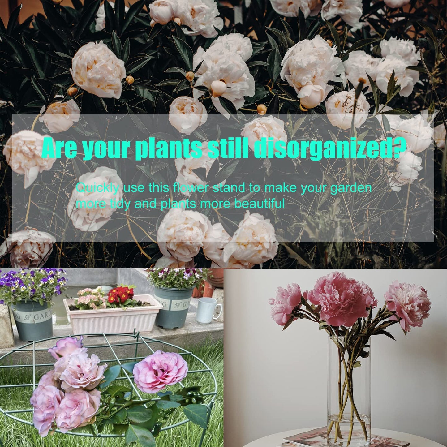 2 Pcs Flower Support Rings, Peony Cage Plant Support Stake,Grow Through Grid Plant Brace, Hoops with 3 Pcs Legs for Heavy Blossoms (2 pcs 24")