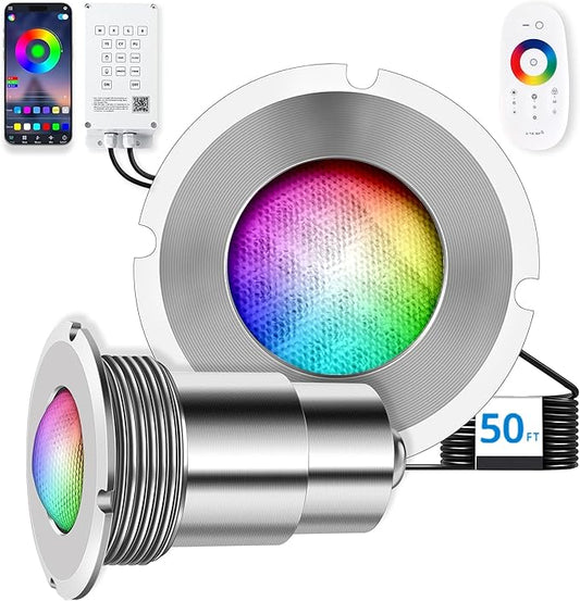 1.5 Inch LED RGBW Multicolor Inground Pool Light and Spa Light, IP68 Waterproof, AC 120V, 50ft Cable with Controller, APP & Remote Control
