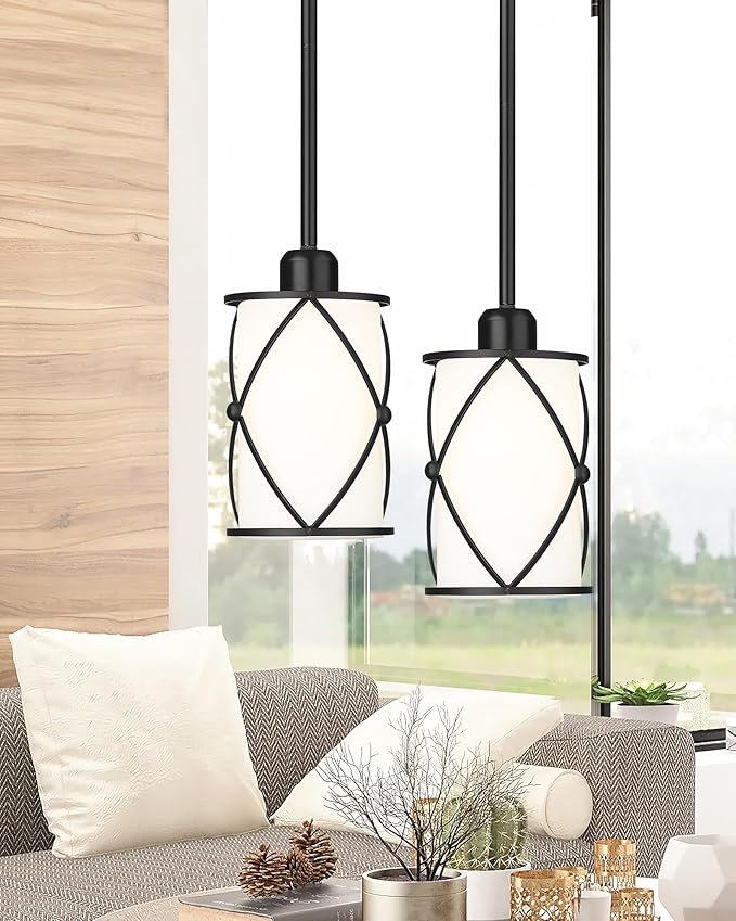 Glass Pendant Lights Kitchen Island, 2 Pack Modern Black Pendant Light Fixtures with Frosted Glass and Rod, Mid Century Cage Pendant Light for Kitchen Sink Dining Room, CH9176BKW-2PK