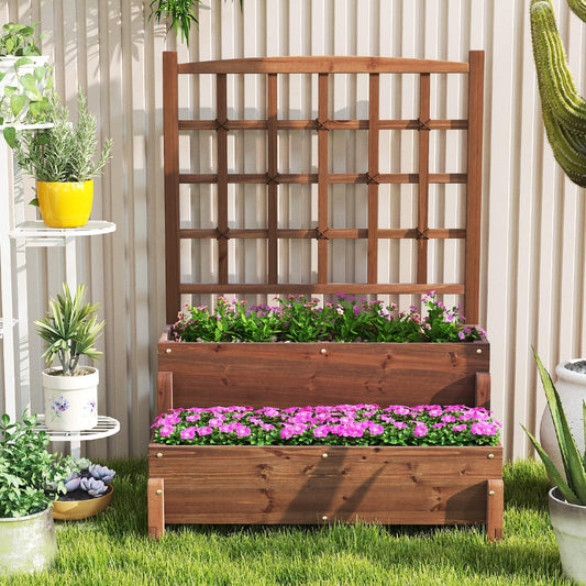 Toolsempire 2-Tier Raised Garden Bed with Trellis, Wooden Elevated Planter Box with Legs, Hemp Rope & Drainage Holes, Raised Plant Bed for Backyard, Garden, Lawn