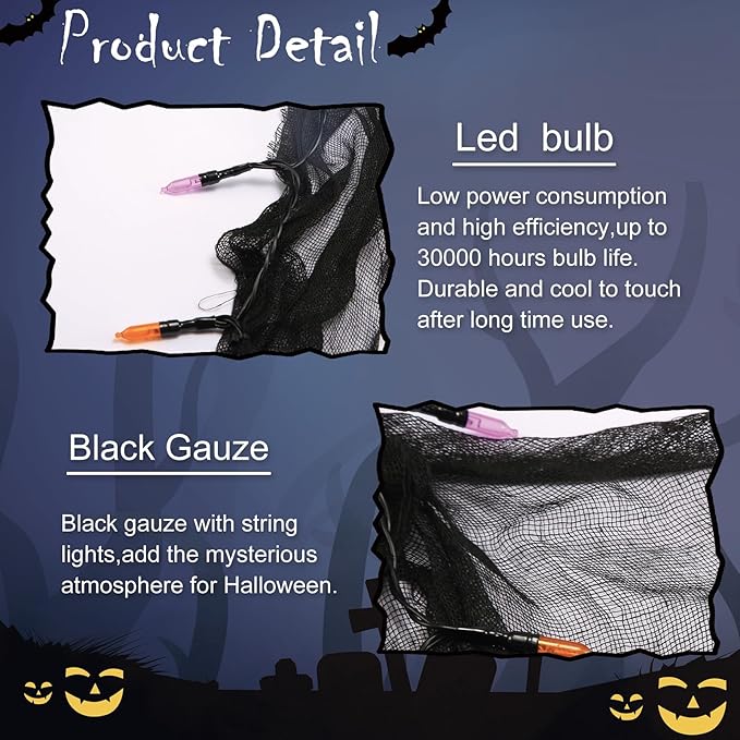YAOZHOU Halloween Decorations String Lights Orange and Purple Indoor 30LED with Black Gauze Timer, 8 Mode Battery Operated 9.9Ft Creepy Cloth Spooky Lights, Gothic Party Room Decor (2Pack)