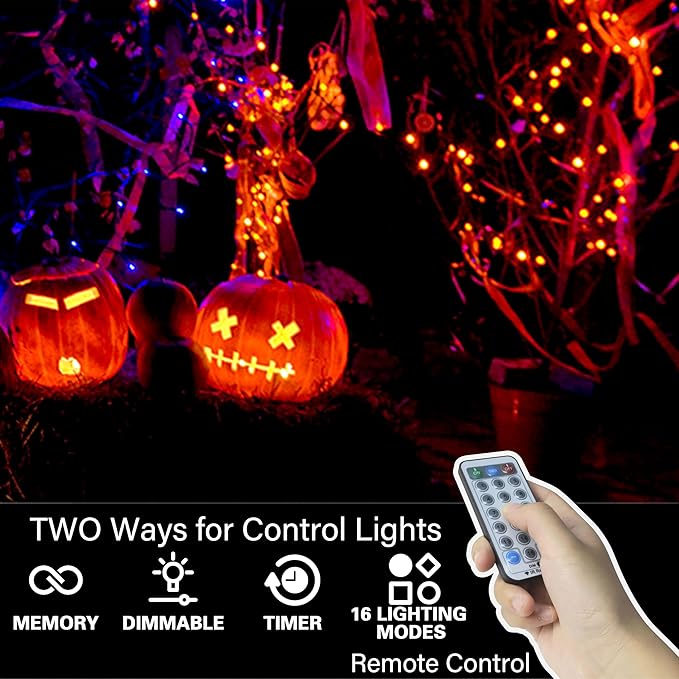 LAMPHOME 33ft Halloween Decorative Mini Lights, 100 LED Green Wire Fairy Starry String Lights Plug in, 16Lighting Modes, for Halloween Decoration Outdoor Party Decoration (Orange and Purple)