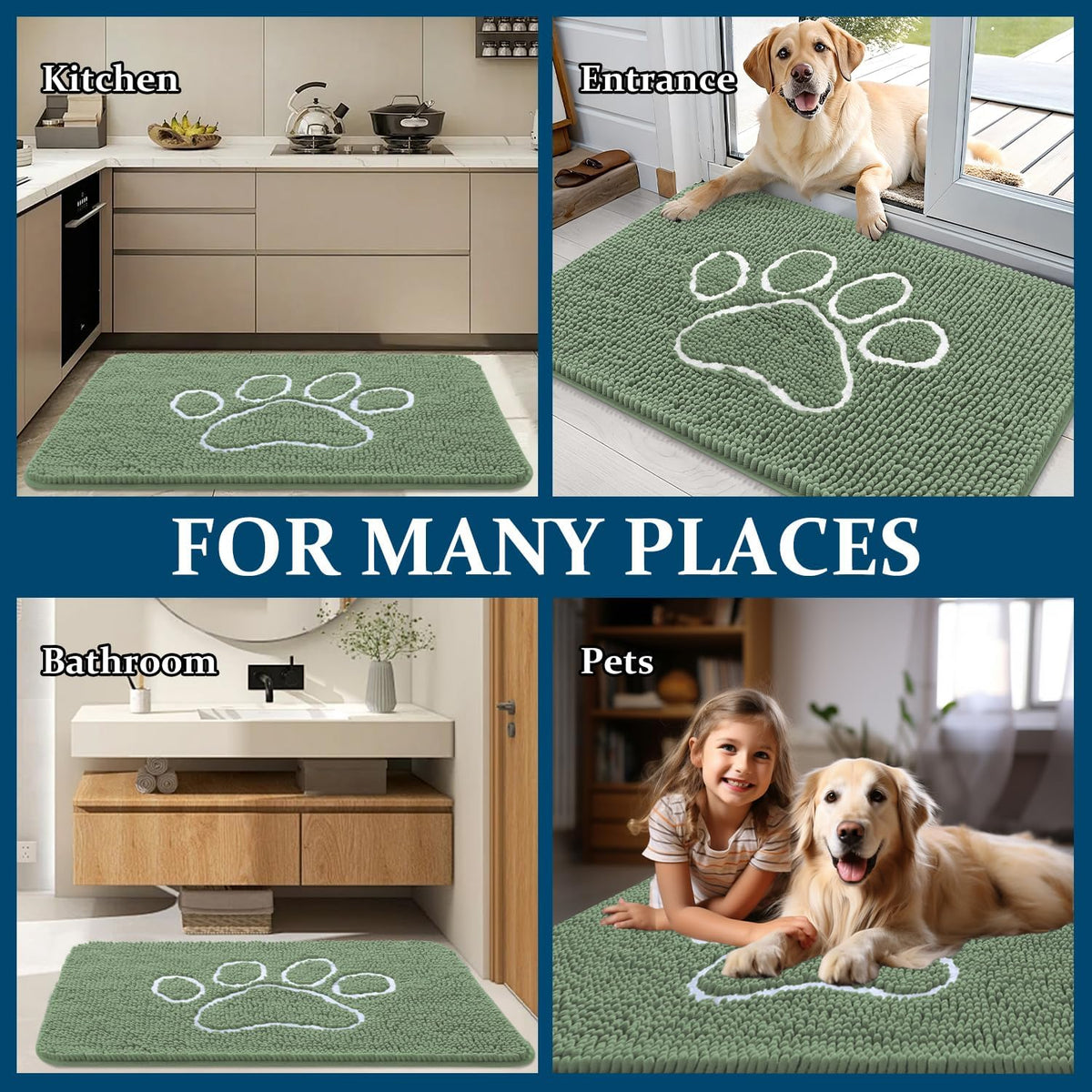 OLANLY Dog Door Mat - Absorbent Muddy Paws Doormat | Non-Slip, Quick Dry Chenille, 24x16, Olive Green & White