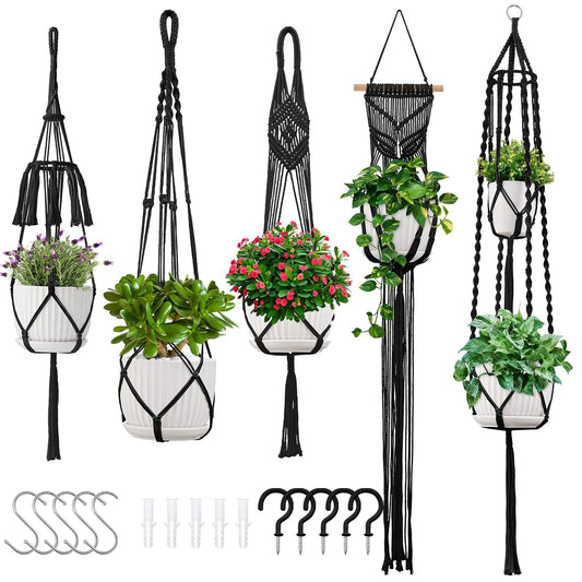Macrame Plant Hangers 5Pack, Handmade Cotton Rope Hanging Planters for Indoor Plants w/ 5 Set Hooks Hanging Plant Holders Plant Hanger Indoor for Boho Home Decor (Black, Planter Pot Not Included)
