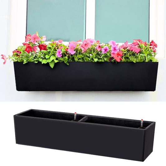 LaLaGreen Planter Boxes Outdoor (40 Inch, 1 Pack) Large Rectangular Self Watering System, Black Window Flower Boxes with Bracket Vertical Plant Container Wall Mount Indoor Succulent Herb Garden Home