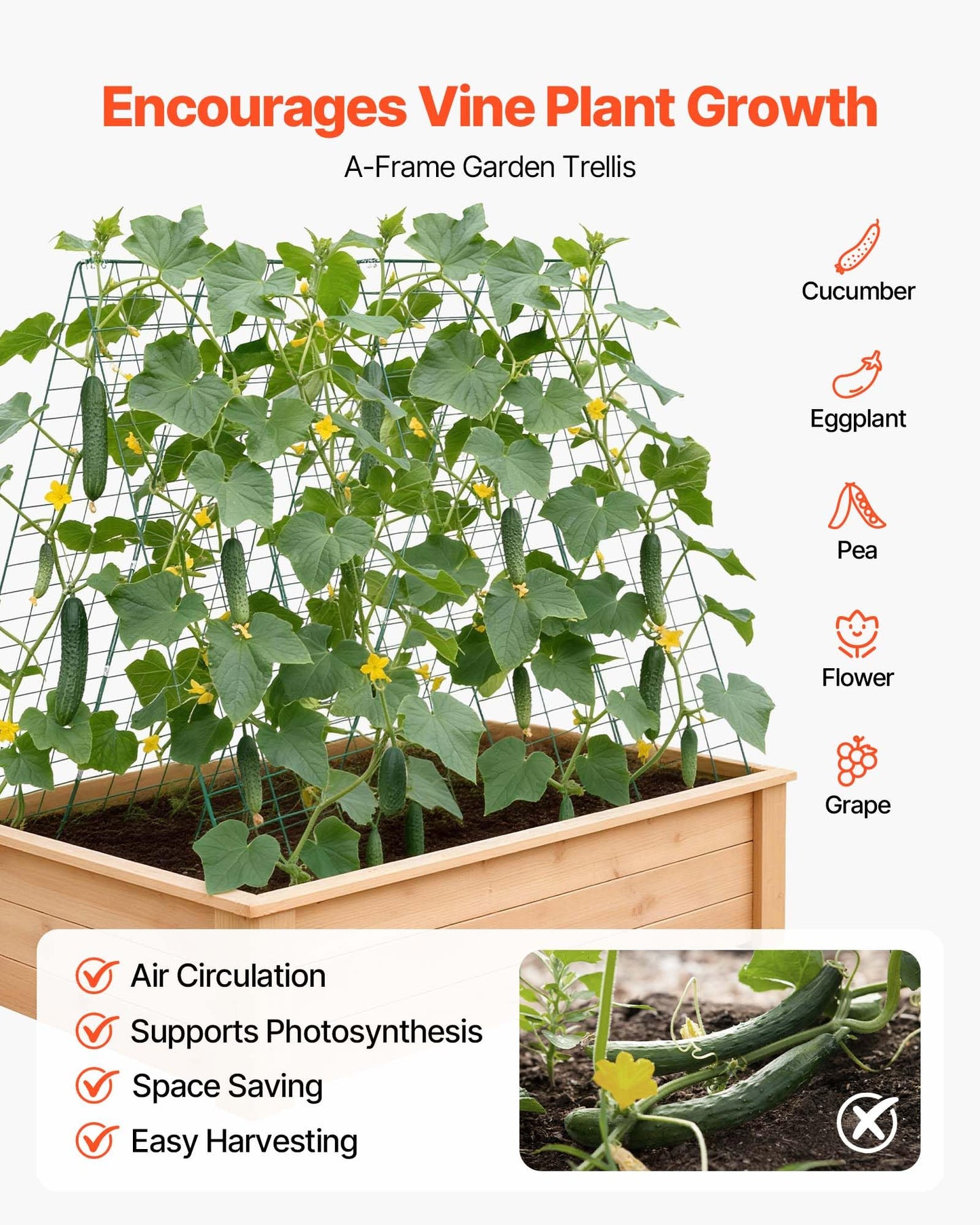 VEVOR Cucumber Trellis, 46" x 34" Foldable A-Frame Garden Trellises for Raised Bed, 4 Panels, Metal Rustproof Outdoor Climbing Plant Support with 2 Plant Bags for Vine, Peas, Beans, Tomato, Flowers