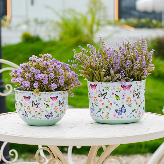 Joint Honglin Butterfly & Bee Metal Planters Set of 2 – Decorative Flower Pots with Colorful Garden Prints, Outdoor & Indoor Use Cute Spring Floral Design for Patio, Balcony, Home Decor (Butterfly)