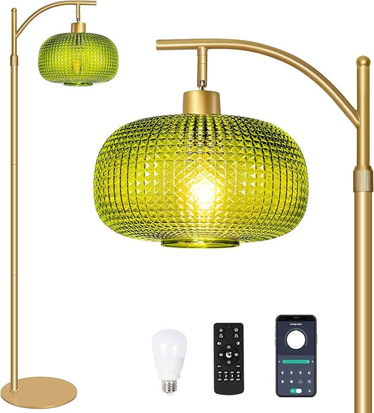 Modern Floor Lamp for Living Room, Mid Century Tall Standing Lamp Green Glass Lamp Shade, Dimmable Gold Tall Pole Lamp for Bedroom Office with Remote, 1 x 12W LED Edison Bulbs Included