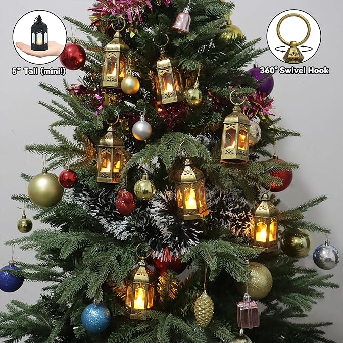 LLQ 12Pcs 5-Inch Ramadan Mini Lanterns - Ramadan & Eid Mubarak Decorations - Vintage Table Centerpieces for Wedding&Christmas Decor - LED Flickering Lantern Light for Hang Ornaments(Brushed Brass)