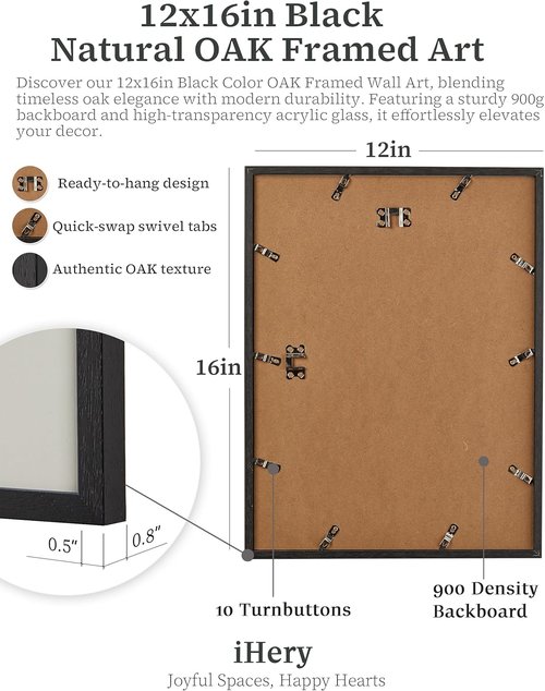 iHery Framed Wall Art - Trendy Natural Black Oak Canvas Decor for Girly Dorm & Living Room | 12x16in