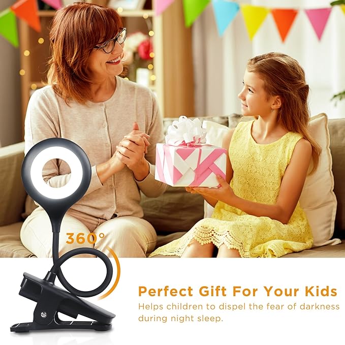 Desk Lamp LED Clip on Light, 5 Modes 5 Brightness Dimmable Clamp Light, Rechargeable Battery Flexible Clip on Reading Lamp for Bed Headboard Bunk Bed at Night for Kids (Black)