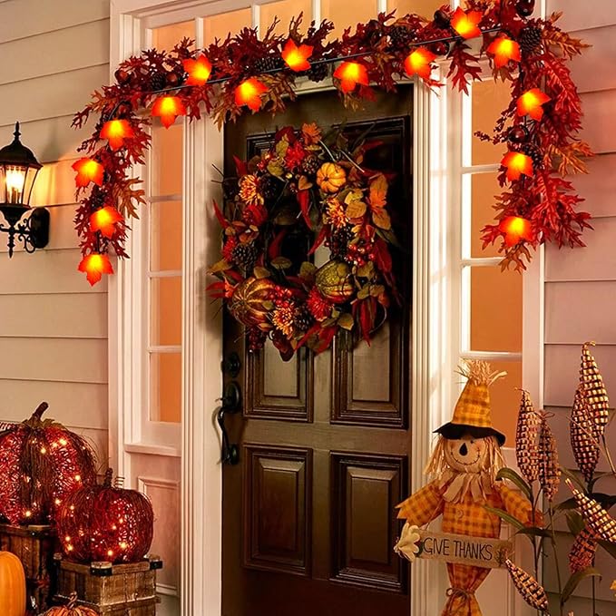 Fall Decorations Lights, 8.5Ft Outdoor Thanksgiving Decorations Lights with 10 LED Orange Maple Leaves Light, Hanging Orange Halloween String Light for Home Garland Autumn Harvest Thanksgiving Decor