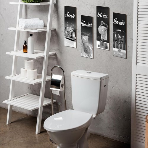 Honoson Bathroom Decor Wall Art - 4 Pcs Farmhouse Signs for Soaking, Unwinding, and Relaxing | Black & Silver