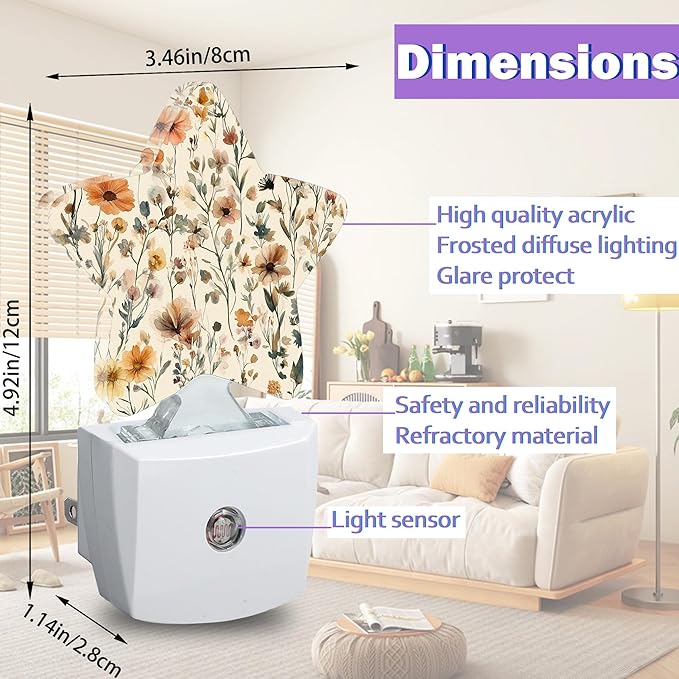 Rustic Wildflower Night Lights Plug Into Wall Decorative,Vintage Floral Sleep Friendly Lamp, Energy Efficient Dusk-to-Dawn Sensor Nightlights for Kid Bedroom Nursery Bathroom
