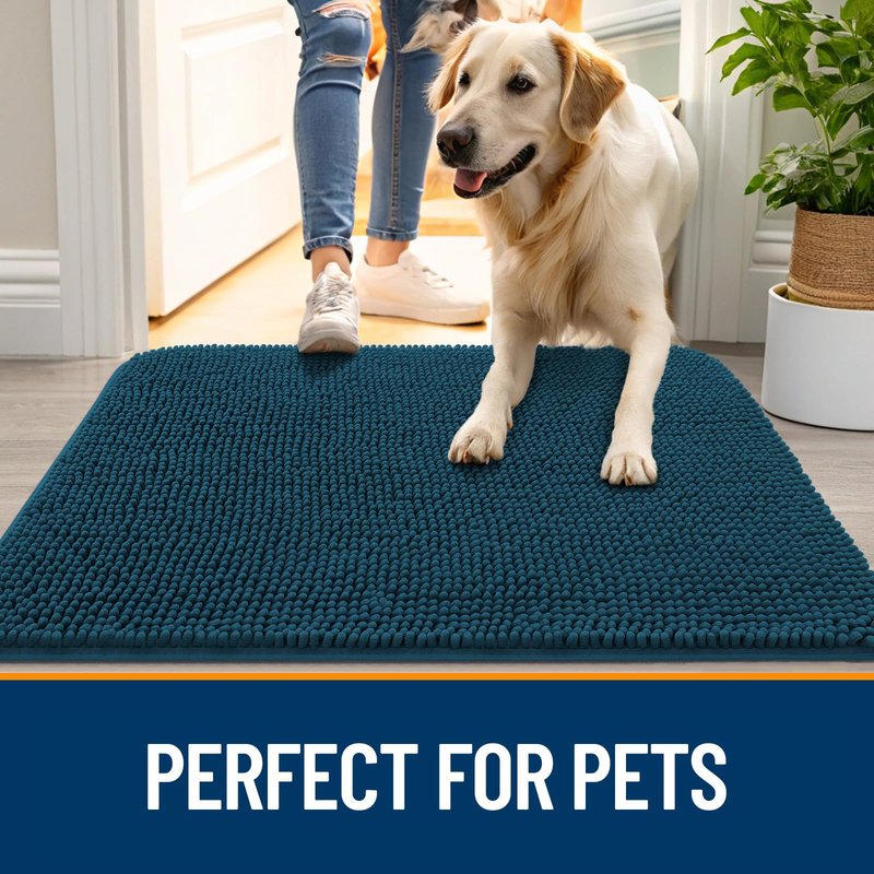 OLANLY Dog Door Mat for Muddy Paws 54x24, Absorbs Moisture and Dirt, Absorbent Non-Slip Washable Doormat, Quick Dry Chenille Mud Mat, Entry Indoor Entryway Carpet for Inside Floor, Atlantic Blue