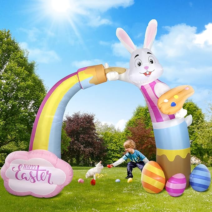 Domkom 12FT Long Huge Easter Inflatable Bunny Archway Outdoor Decorations,Build-in LED Lights Blow Up Yard Decoration, for Easter Yard Lawn Décor