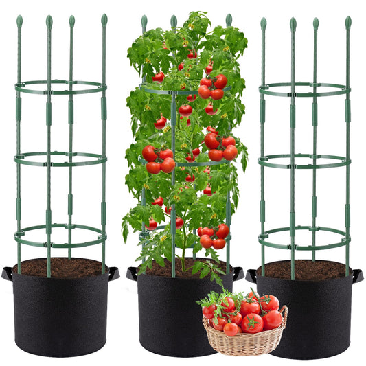 3 Sets Sturdy Tomato Cage with 10 Gal Grow Bags - 48.5" Plants Garden Trellis Planter Kit, Support for Indoor Outdoor Beans, Peppers, Cucumbers, Eggplants, Climbing Vegetable