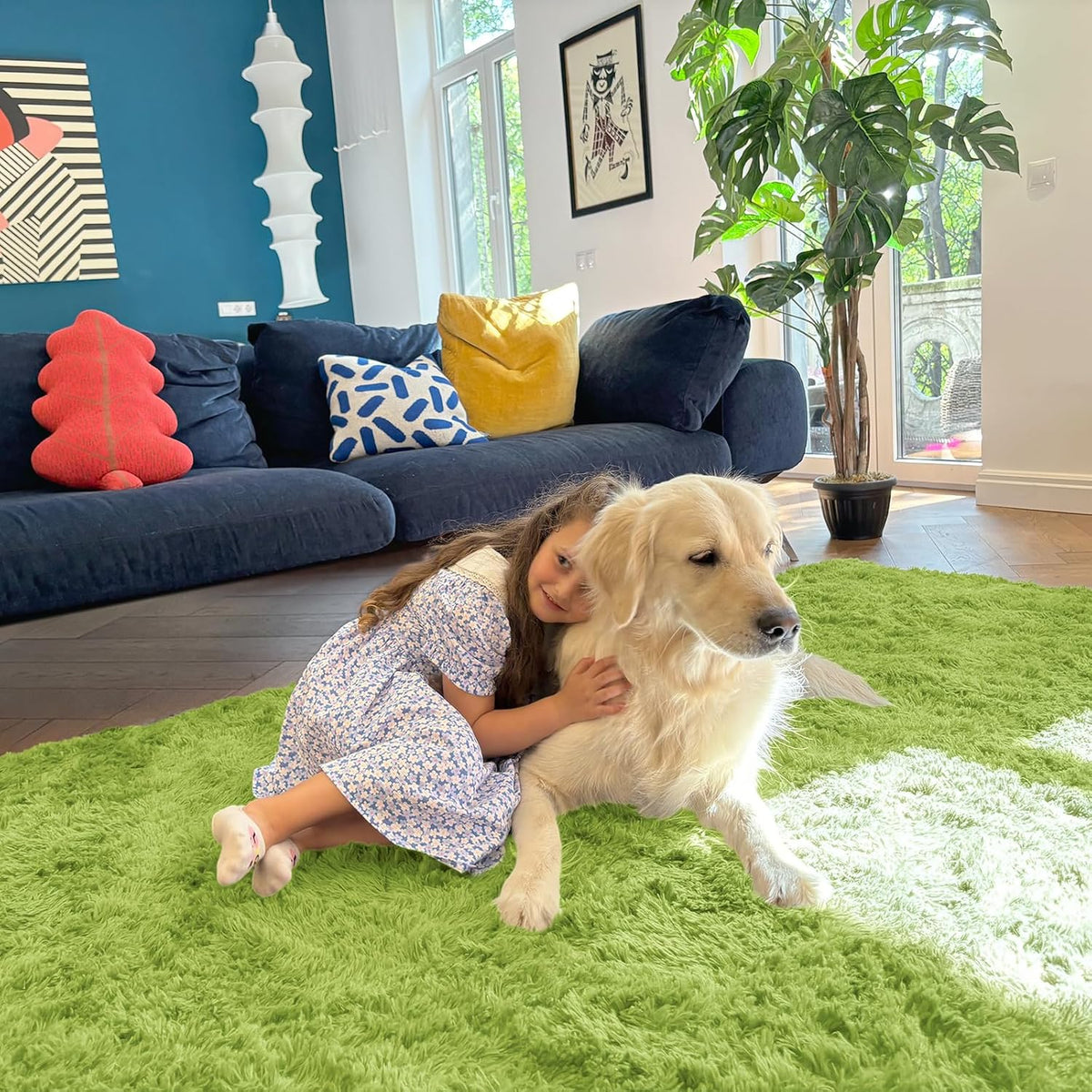 OLANLY Area Rug - Soft Fluffy Shaggy Design | Machine Washable 4x5.9 ft - Grass Green for Living Room & Bedroom