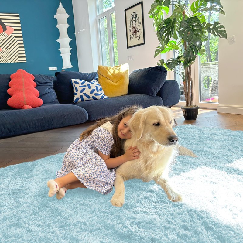 OLANLY 2x5 Machine Washable Runner Rugs for Hallway, Soft Fluffy Shaggy Bedside Rugs for Bedroom, Living Room, Indoor Floor Carpet for Kids Girls and Boys, Home Decor Aesthetic, Light Blue