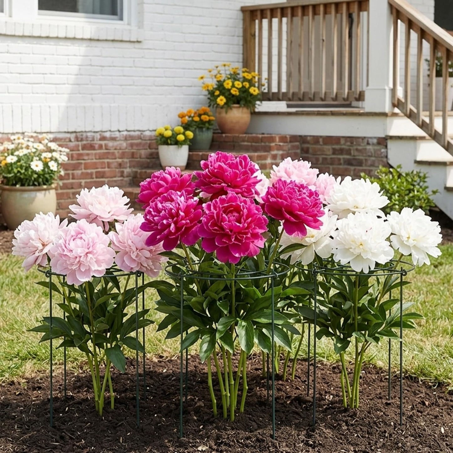 LIRAVENO Peony Cages and Supports - 8 Pack Plant Support Ring with 4 Legs 11.8" Dx17.7 H Round Potted Flower Grow Trellis Indoor Outdoor Garden Heavy Duty Metal Stakes for Rose Hydrangea Vegetables