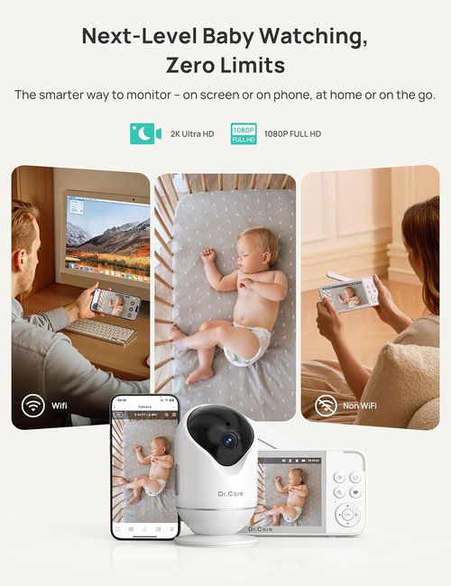 Dr.Care VistaView 5” Smart WiFi Baby Monitor - 2K HD Camera, Night Vision, 5000mAh Battery, App Control