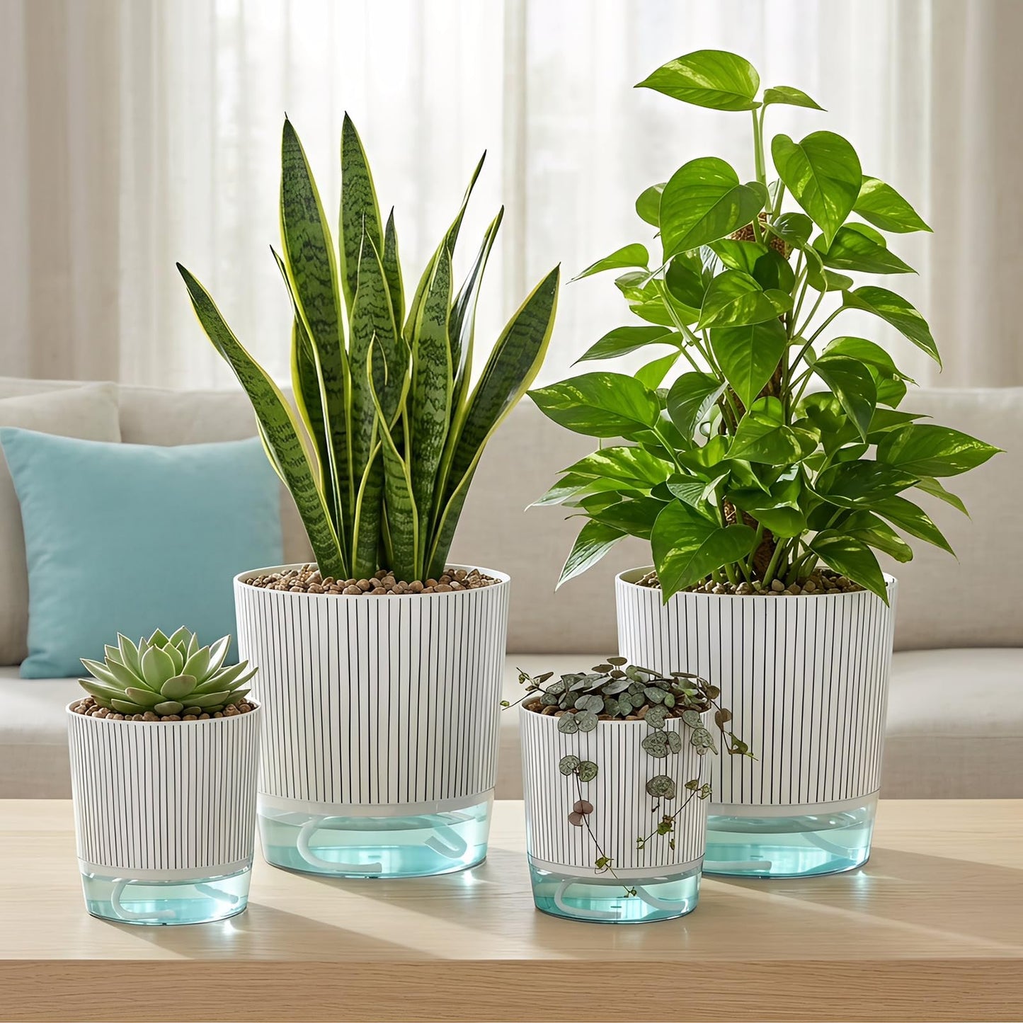 Samhe 4 Pack Self Watering Pots Set, 4+5.5 Inch Self Watering Pots for Indoor Plants, Planter Pot with Wick Rope and Reservoir for African Violet, Spider Plant, Orchid