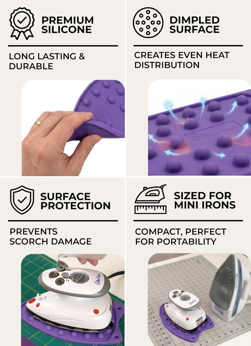 The Quilted Bear Mini Iron Rest - Silicone Heat Resistant Mat for Stress-Free Crafting, Sewing & Quilting Supplies - Durable and Protective Surface for Mini Iron (Pink)
