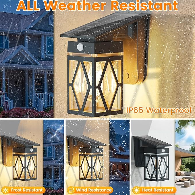Solar Porch Lights Outdoor, Dusk to Dawn & Motion Sensor Solar Wall Light with Lantern Shape, 3 Modes IP65 Waterproof, E26 Bulb Exterior Sconce for Front Porch, Garage, Patio Security