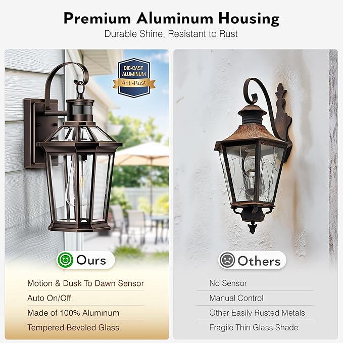 VIANIS Outdoor Porch Lights Wall Mount, 2-Pack Motion Sensor Porch Light with E26 Socket, 100% Aluminum Outdoor Lighting for House Exterior Lighting, Weatherproof Outside Wall Lights for House,Balcony