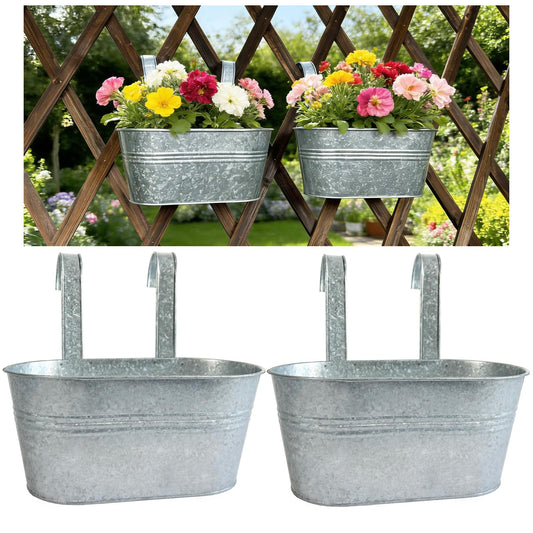 Joyfernal Balcony Galvanized Hanging Planters Railing Flower Pots, Outdoor Metal Fence Planter Pot with Detachable Hooks Drain Hole for Garden Patio Yard Decor (10 Inch, 2Pcs)