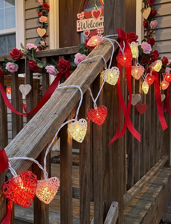 Red Pink and White Heart Shape String Lights, 8.5Ft Valentine's Day Decorations Lights with 10 LED Heart Light Bulbs, Hanging Window Fairy Lights for Indooe Outdoor Wedding Anniversary Valentine Decor