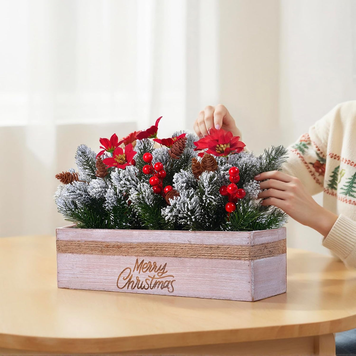 SVENJBB Christmas Table Centerpiece - Red Poinsettias, Snowy Norfolk Pine & Berries in Wooden Box