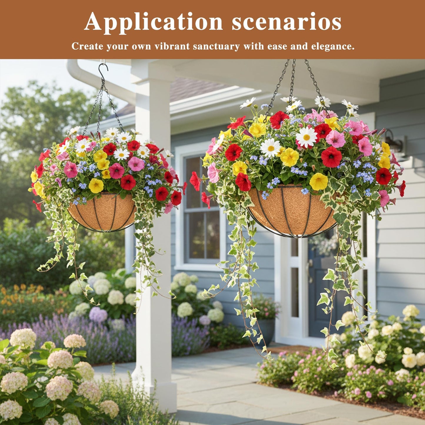 4 Pack Hanging Planter for Outdoor Plants 12 inch Metal Hanging Flower Basket with Coco Coir Liner Round Wire Plant Holder Chain Flower Pots Outdoor Garden Decoration Watering Hanging Baskets(XG)