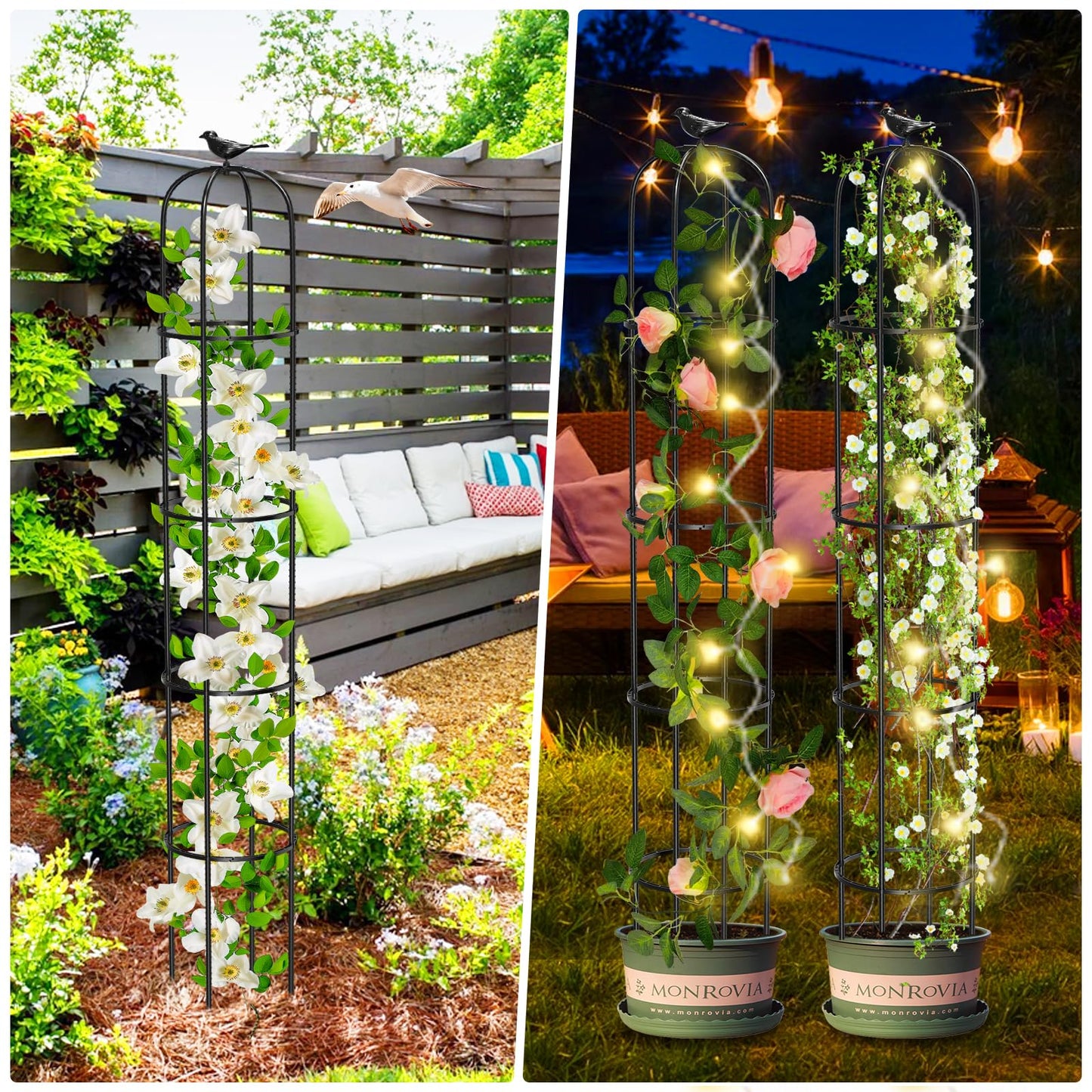 Tower Obelisk Garden Trellis for Climbing Plant，6.2FT/74.4" Rustproof Metal Potted Plant Climbing Support for Indoor Outdoor Flowers Vegetable Fruits Vines Support (2Pcs)