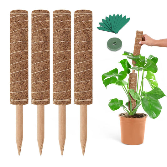 GROWNEER 42 Inch Moss Pole for Plants, 4 Pcs 15 Inch Stackable Coir Totem Support, Moss Sticks with 15pcs Labels and 78in Garden Ties, Monstera and Snake Plants Stake for Climbing Indoor