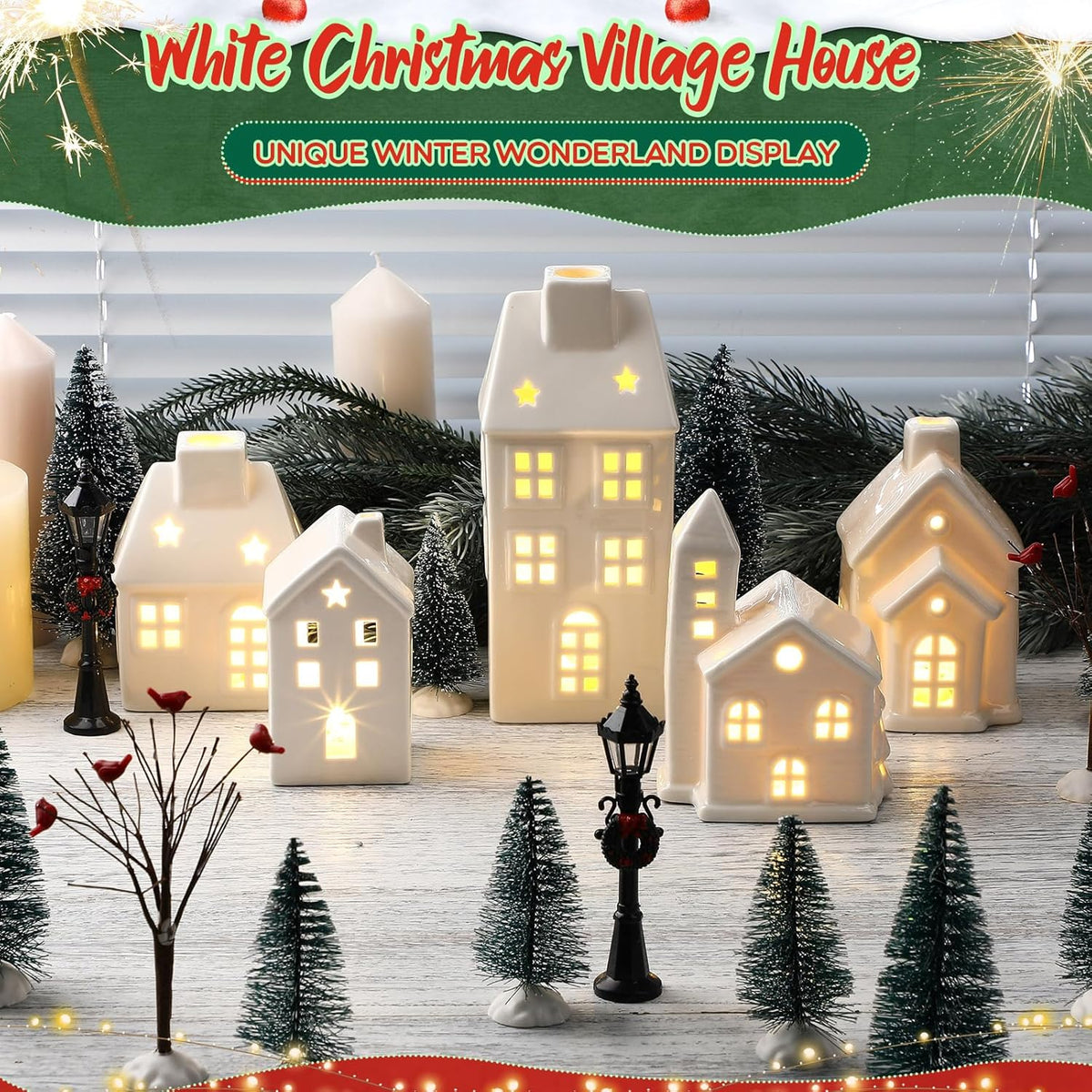 WinnerWhy 24-Piece LED Lighted Christmas Village Set - Mini Ceramic Houses & Streetlights for Festive Decor
