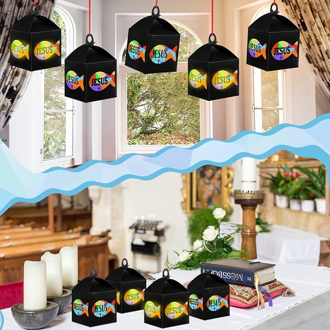 12 Sets Easter Crafts Religious Fish Crafts with LED Candle Light DIY Faith Jesus Fish Tissue Paper Kits Religious Hanging Ornament for Church Sunday School VBS Classroom Activities