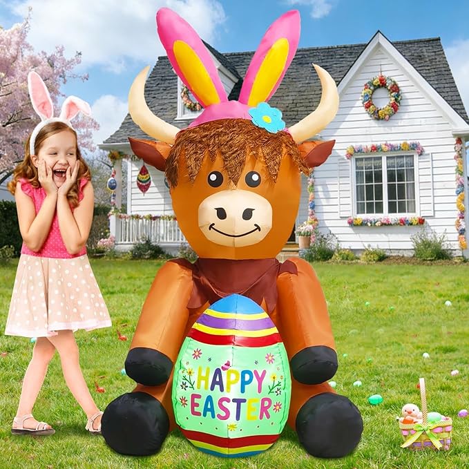 5FT Tall Easter Inflatable Highland Cow with Easter Egg Outdoor Decoration, Blow Up Highland Cow Inflatables Built-in 2 LEDs for Easter Day Outdoor Indoor Yard Garden Lawn Decor