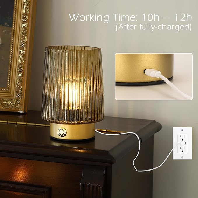 Cordless Lamp Rechargeable Battery Operated lamp, Glass Small Table lamp - Portable Dimmable Brightness Touch Wireless Bedside Lamp for Bedroom/Kitchen/Entryway/Home Living Room Decor, Yellow