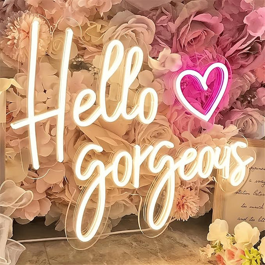 Hello Gorgeous Neon Light for Wall Decor, Pink USB Powered LED Sign with Dimmable Switch, Neon Sign for Home, Wedding, Birthday Backdrop, Party (Warm White)