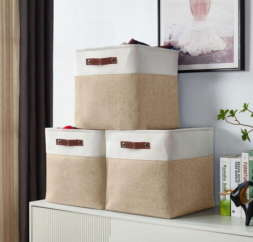 DECOMOMO Storage Cubes - 11x11 Cube Storage Bins for Shelves | Beige & White, 4 Pack