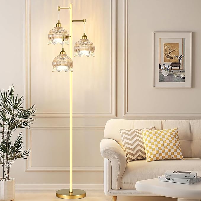 Gold Floor Lamps for Living Room 3 Lights Floor Lamp with Glass Lampshape & Three Led Bulb,Mid Century Standing Lamp Vintage Brass Tall Lamp Tree Floor Lamp for Bedroom Corner