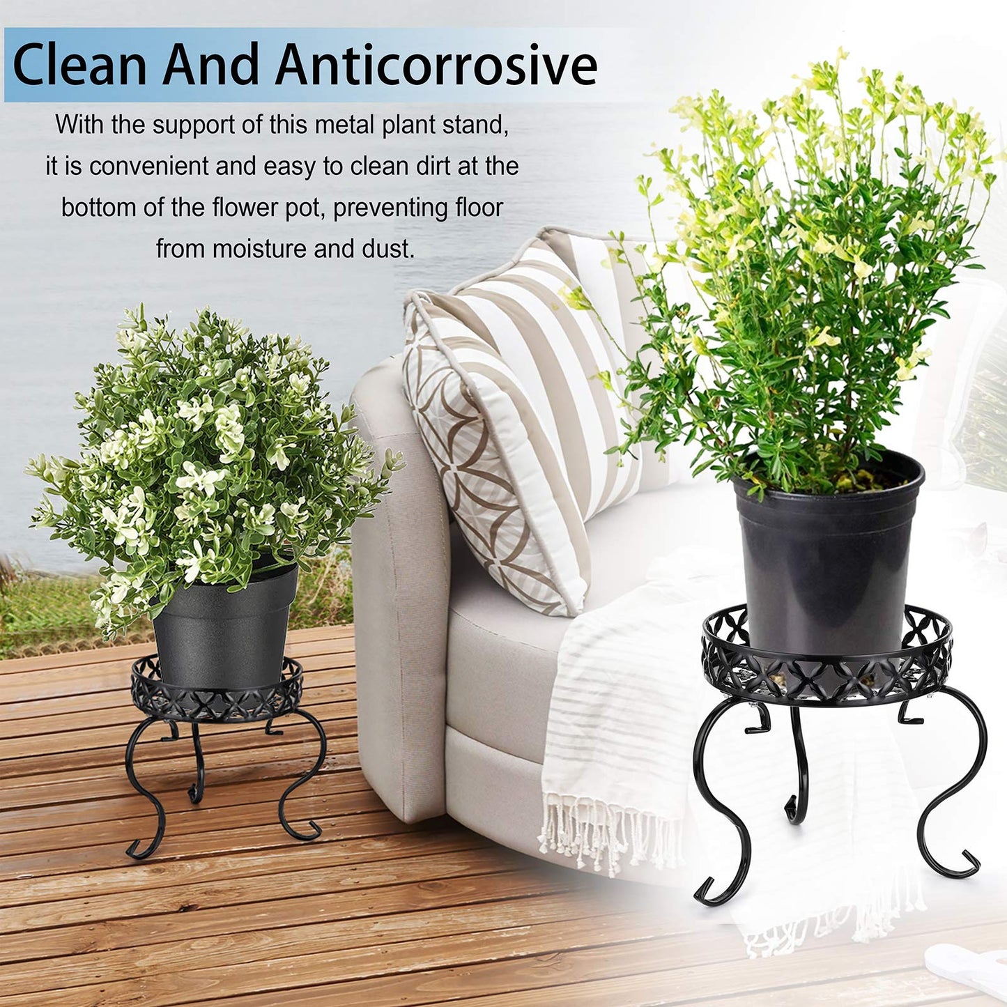 OwnMy Set of 2 Metal Round Plant Stand Rustproof Iron Flower Pot Holder, Modern Plant Display Potted Rack, Indoor Outdoor Plant Stand Heavy Duty Plant Holder for Home, Garden, Plant Lovers (Black)