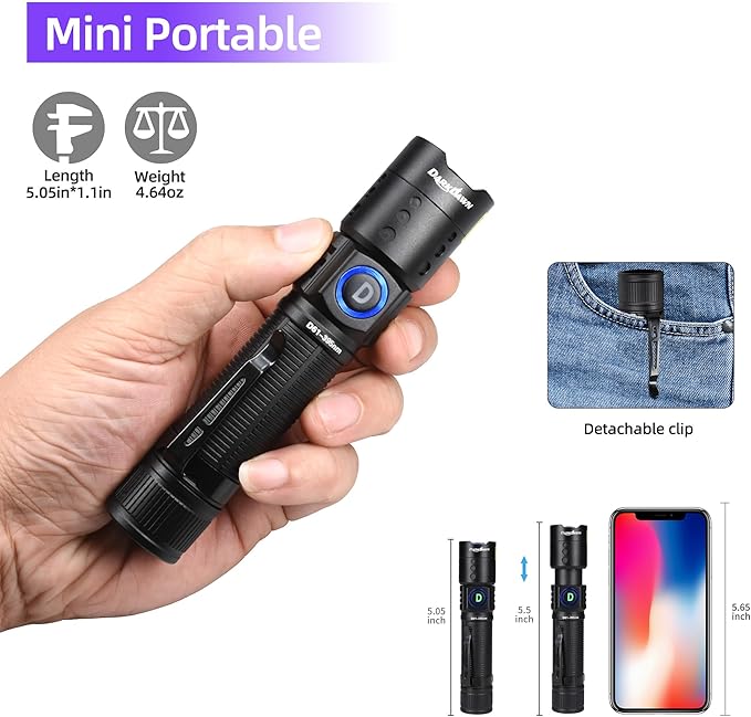 DARKDAWN UV Flashlight 395nm Black Light Mini USB Rechargeable Ultraviolet LED Blacklight Woods Lamp Powerful Fluorescent Portable Detector for Pet Urine Stains, Scorpions, Resin Curing